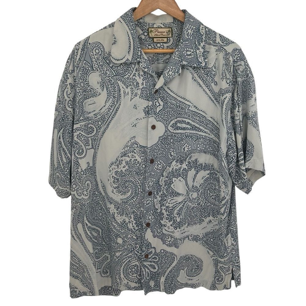Pusser’s Island Reserve 100% silk blue Hawaiian style short sleeve shirt medium
